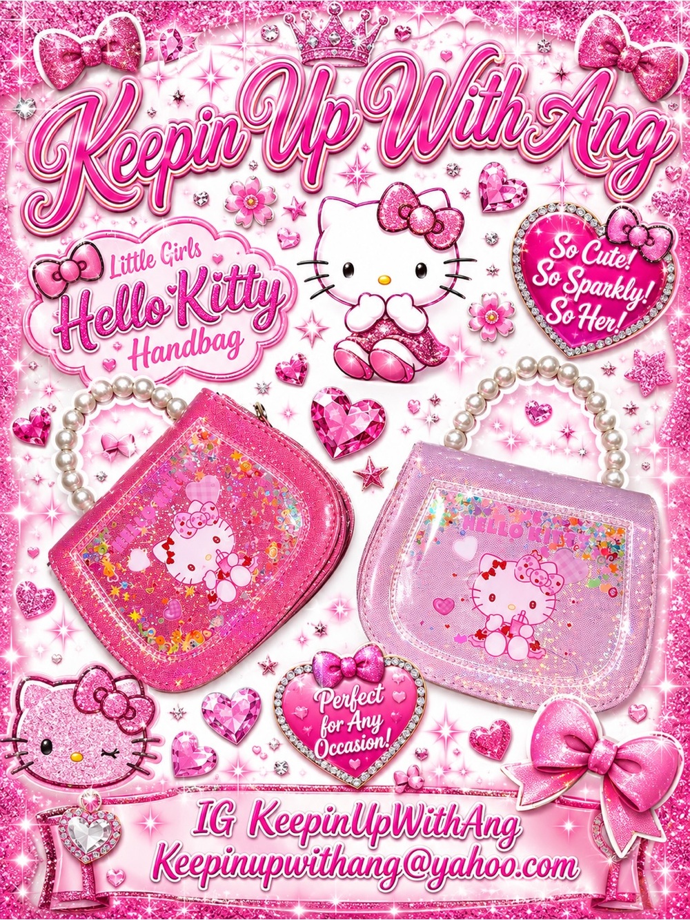 Hello Kitty Pink Sequin Kids Handbags with Pearl Handles